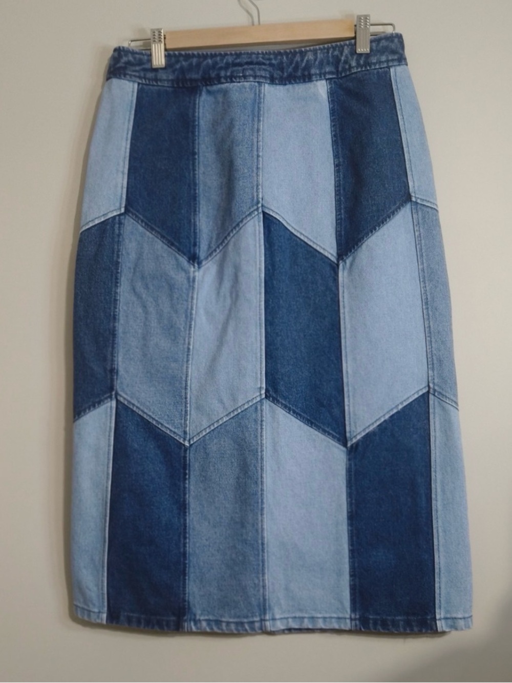 Sezane Alexane Denim Skirt Size FR 42/ AU & UK 14/ US 10 Patchwork Boho Vintage - Picture 4 of 4